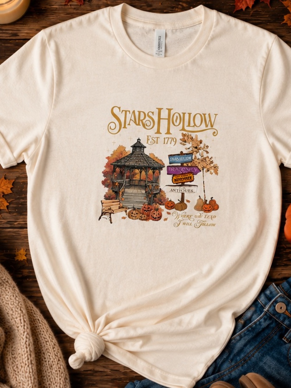 Gildan Cream Stars Hollow Fall Graphic Tee with Gazebo & Pumpkins